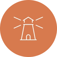 A lighthouse icon on an orange background